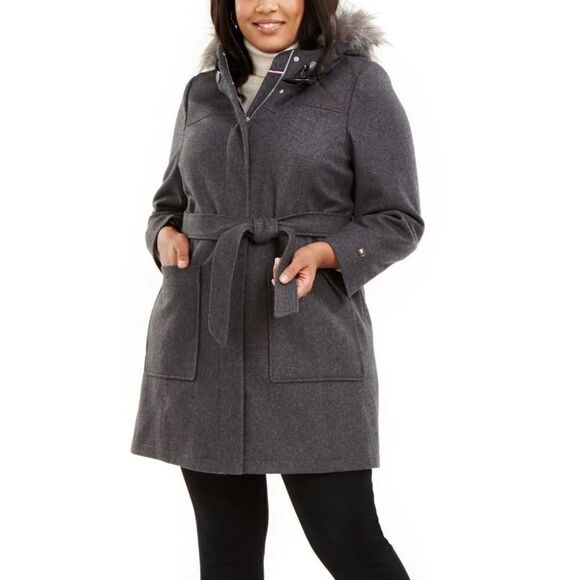 Tommy Hilfiger Plus Size Faux-Fur Hooded Medium Heather Grey Wool Coat 2X NWT - Picture 1 of 9